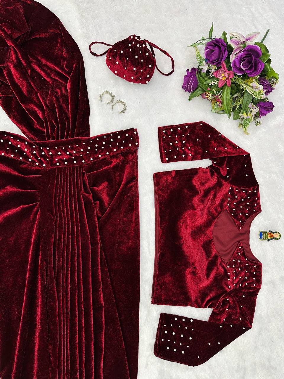 NEW MAROON COLOR READY TO WEAR INDO-WESTERN SAREE WITH PEARL MOTI WORK,STITCHED BLOUSE & PURSE