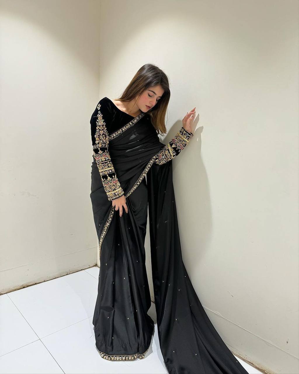 New Black Color Party Wear Heavy Moti Work Pure Velvet Saree