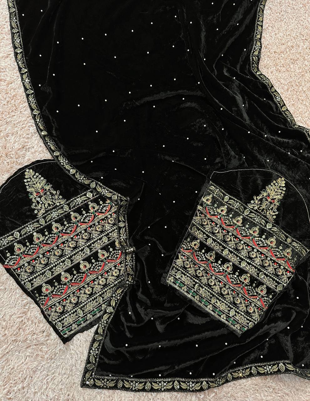 New Black Color Party Wear Heavy Moti Work Pure Velvet Saree