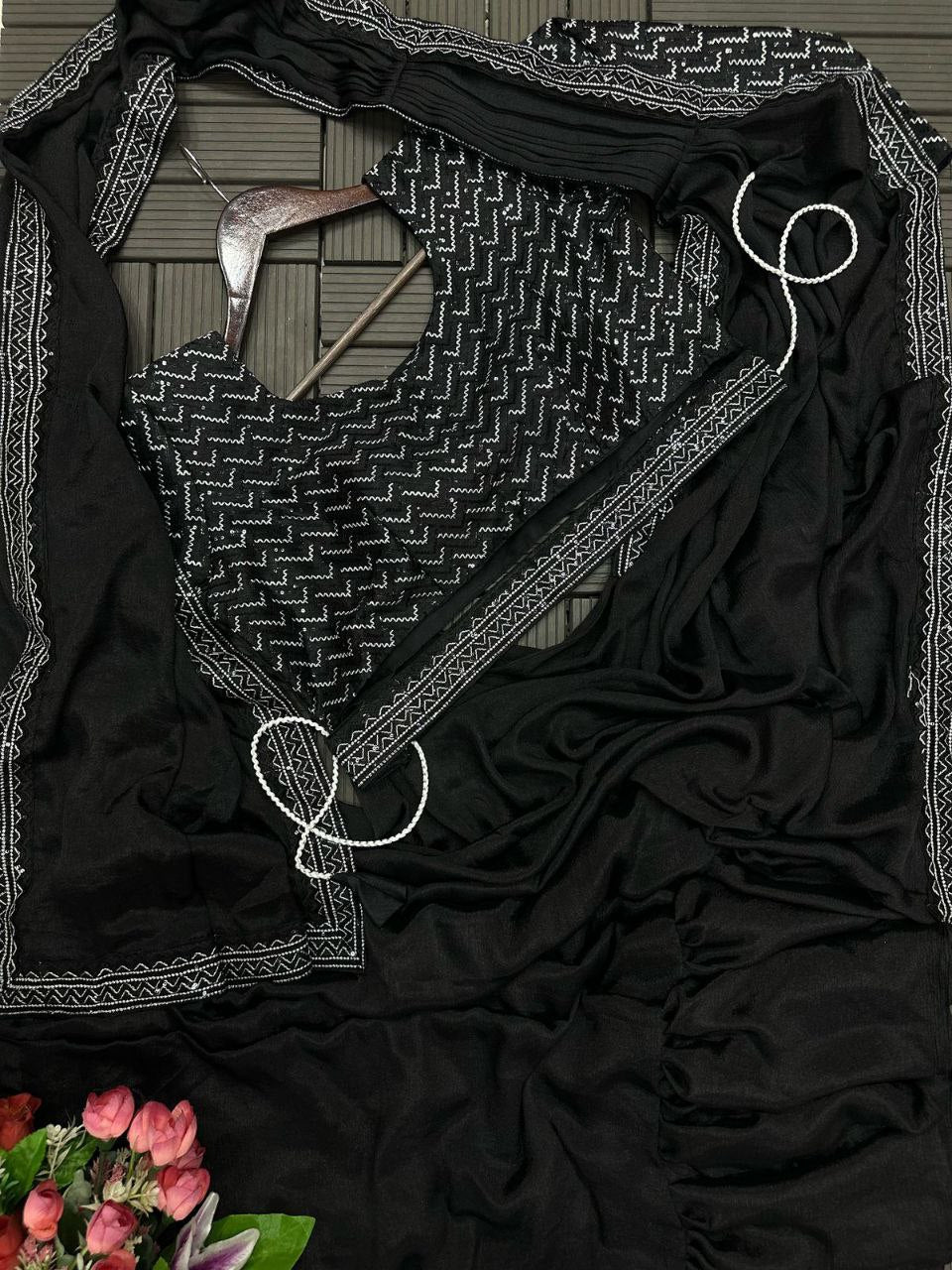 New Trending Black Color Embroidery Sequence work ready to wear saree With Blouse and Belt