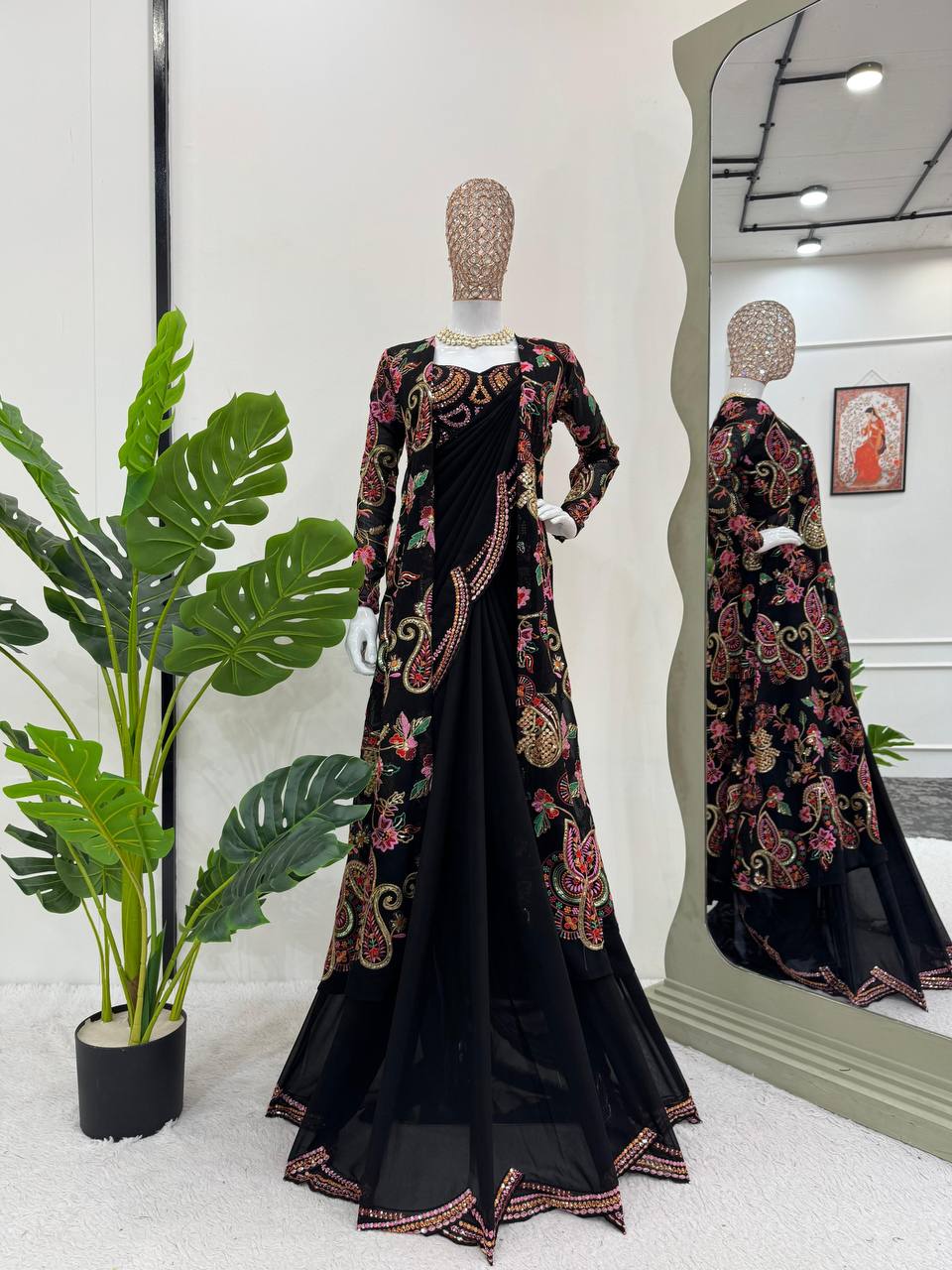 New Superhit Trending Black Colour Embroidered Pre-Draped Jacket Saree