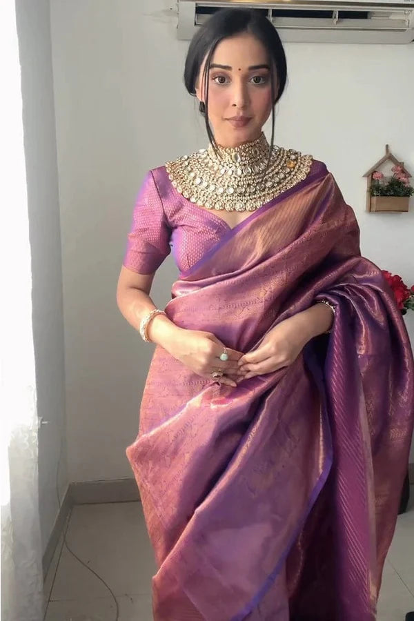 Purple Color Ready to Wear Soft Banarasi Silk Saree with Golden Zari Work