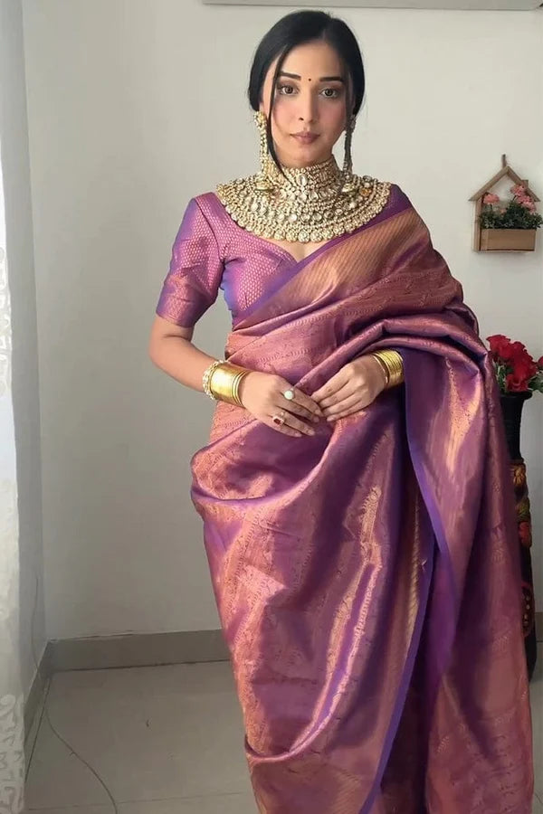 Purple Color Ready to Wear Soft Banarasi Silk Saree with Golden Zari Work