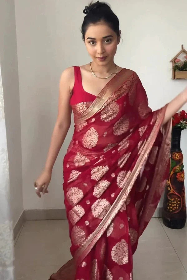 READY TO WEAR BANARASI SILK RED SAREE WITH BLOUSE