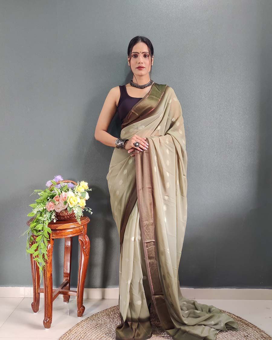 1-Minute Ready To Wear Cream Color Silk Saree With Blouse Piece