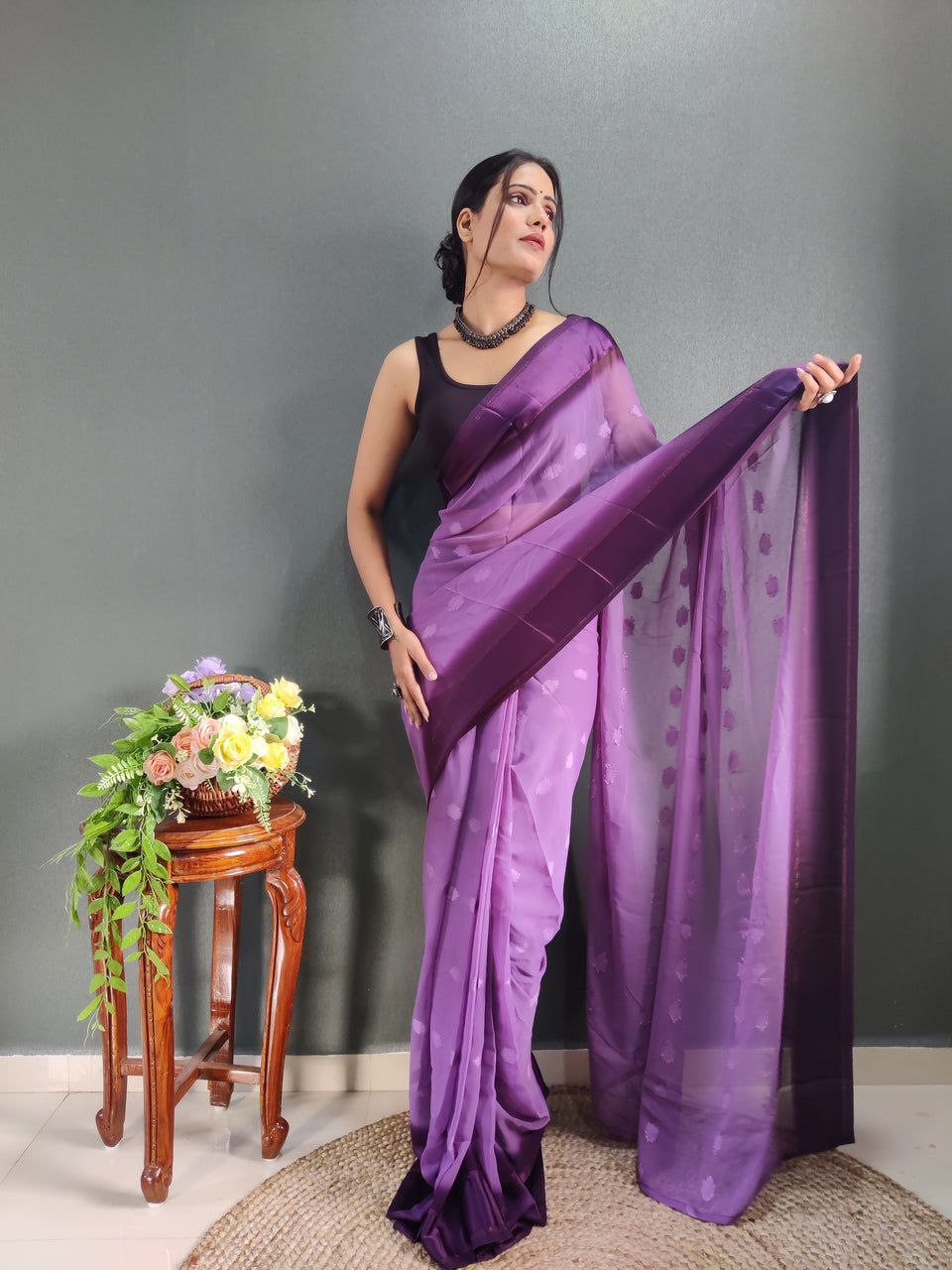 1-Minute Ready To Wear Void Purple Color Silk Saree With Blouse Piece