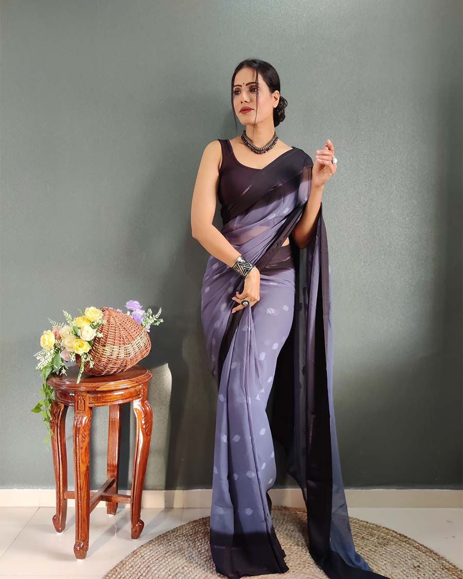 1-Minute Ready To Wear Blue Berry Color Silk Saree With Blouse Piece
