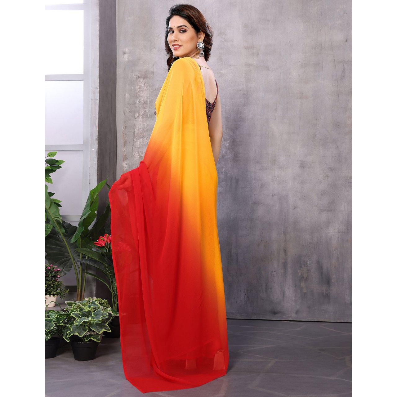 New Red & Orange Color Printed Georgette Ready To Wear Saree