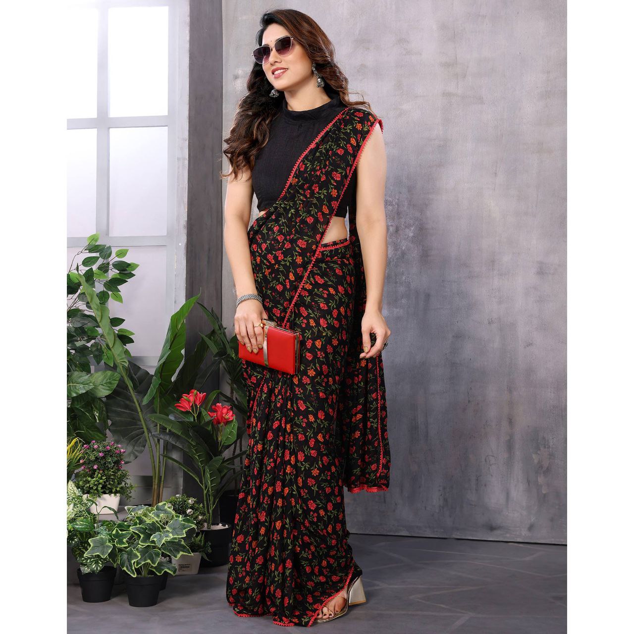 New Black Color Floral Printed Georgette Ready To Wear Saree