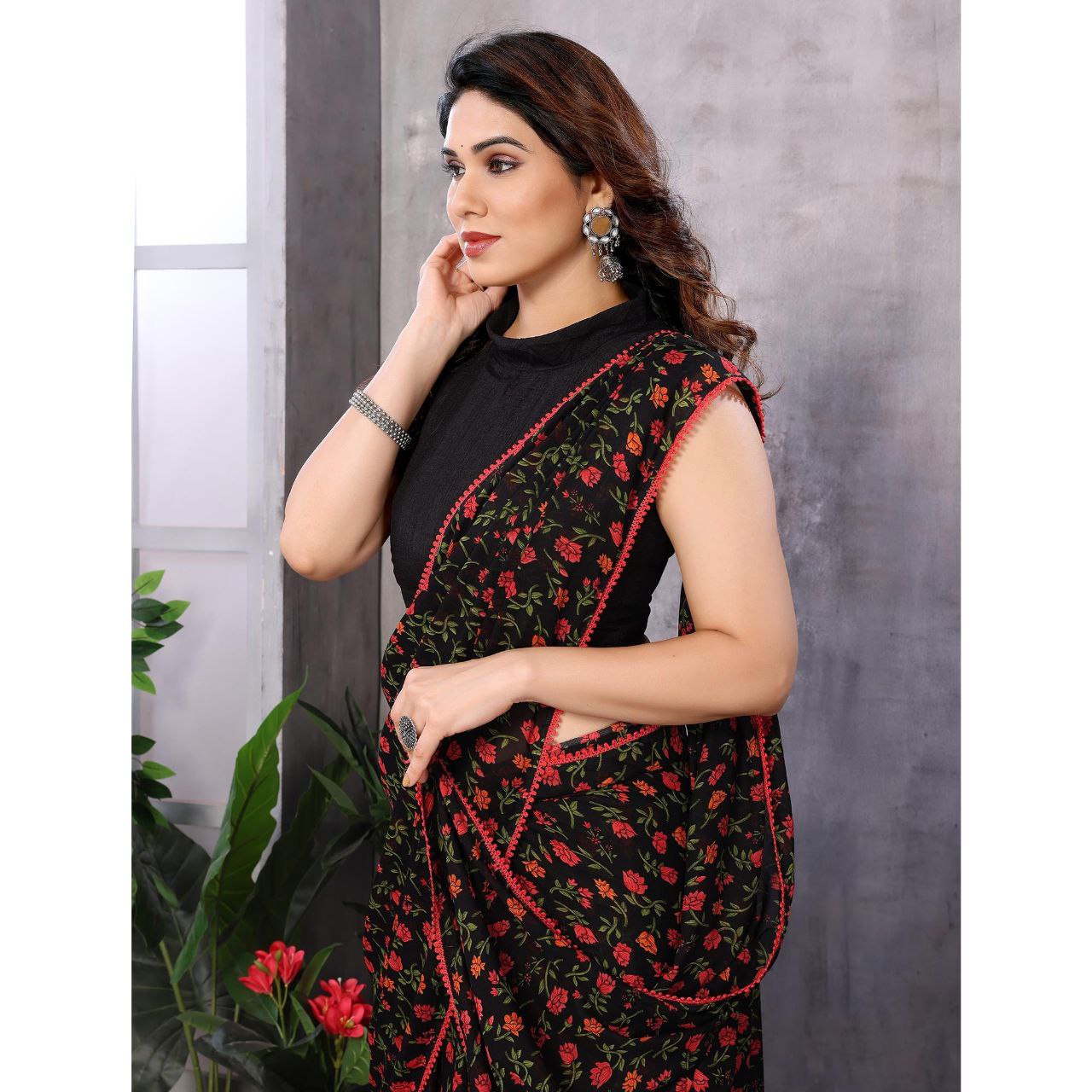 New Black Color Floral Printed Georgette Ready To Wear Saree