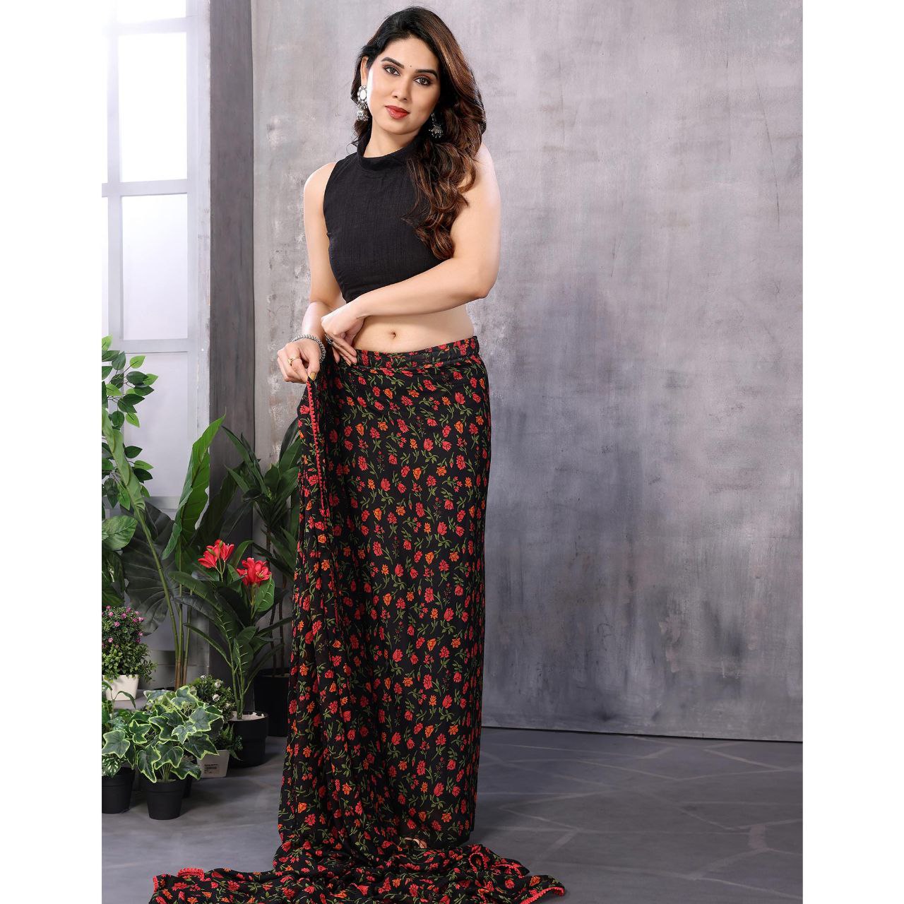 New Black Color Floral Printed Georgette Ready To Wear Saree