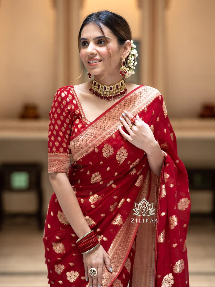 Latest Design Soft Banarasi Silk Red Color Saree with Golden Zari Work