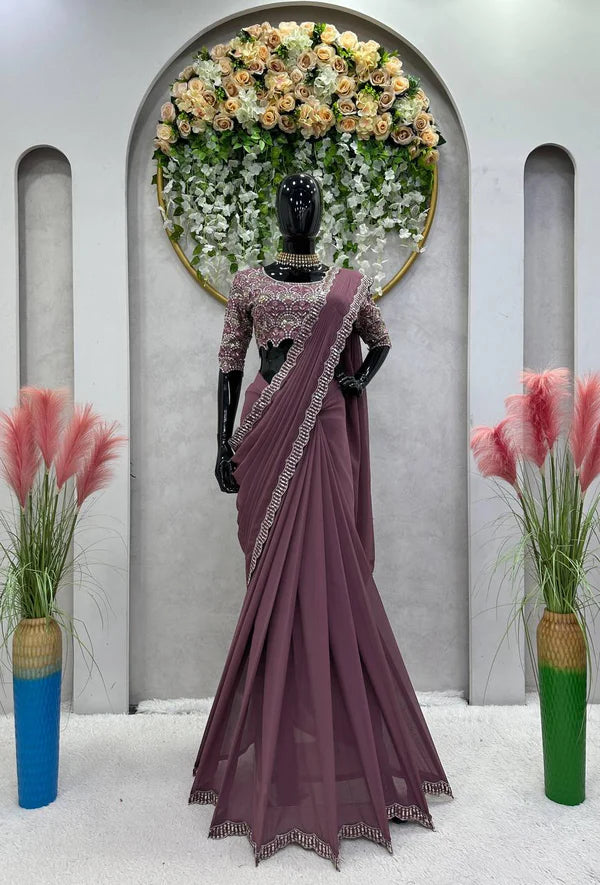 New Peach Color Georgette Thread sequence work Reay to Wear saree