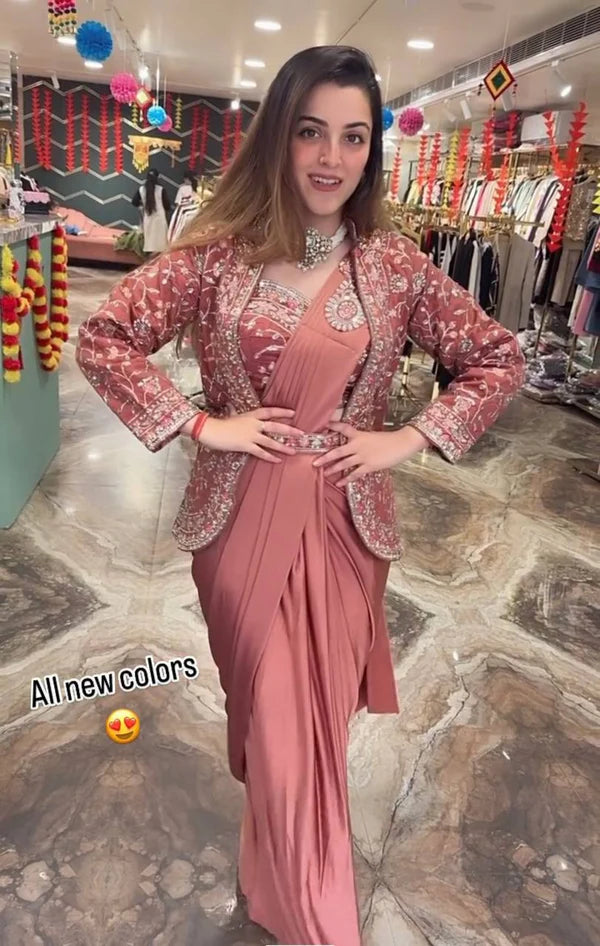 NEW SUPERHIT INDO-WESTERN READY TO WEAR SAREE WITH EMBROIDERED KOTI WITH BLOUSE