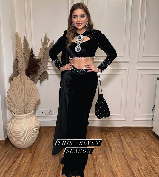 NEW BLACK COLOR READY TO WEAR INDO-WESTERN SAREE WITH PEARL MOTI WORK,STITCHED BLOUSE & PURSE