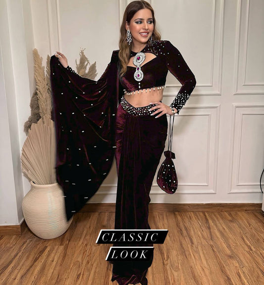 NEW MAROON COLOR READY TO WEAR INDO-WESTERN SAREE WITH PEARL MOTI WORK,STITCHED BLOUSE & PURSE