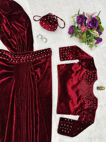 NEW MAROON COLOR READY TO WEAR INDO-WESTERN SAREE WITH PEARL MOTI WORK,STITCHED BLOUSE & PURSE