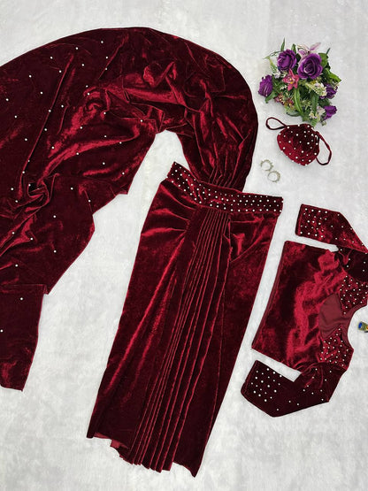 NEW MAROON COLOR READY TO WEAR INDO-WESTERN SAREE WITH PEARL MOTI WORK,STITCHED BLOUSE & PURSE