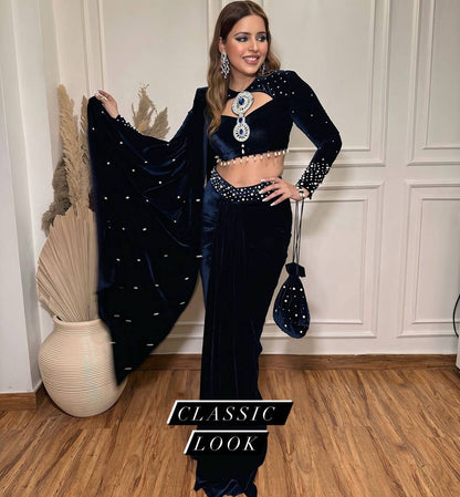 NEW NAVY BLUE COLOR READY TO WEAR INDO-WESTERN SAREE WITH PEARL MOTI WORK,STITCHED BLOUSE & PURSE