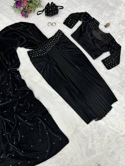 NEW BLACK COLOR READY TO WEAR INDO-WESTERN SAREE WITH PEARL MOTI WORK,STITCHED BLOUSE & PURSE