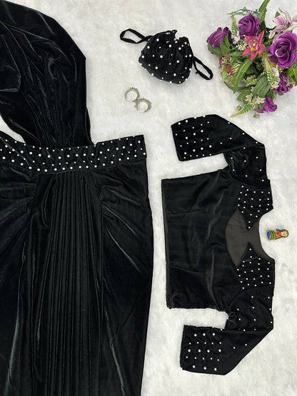 NEW BLACK COLOR READY TO WEAR INDO-WESTERN SAREE WITH PEARL MOTI WORK,STITCHED BLOUSE & PURSE