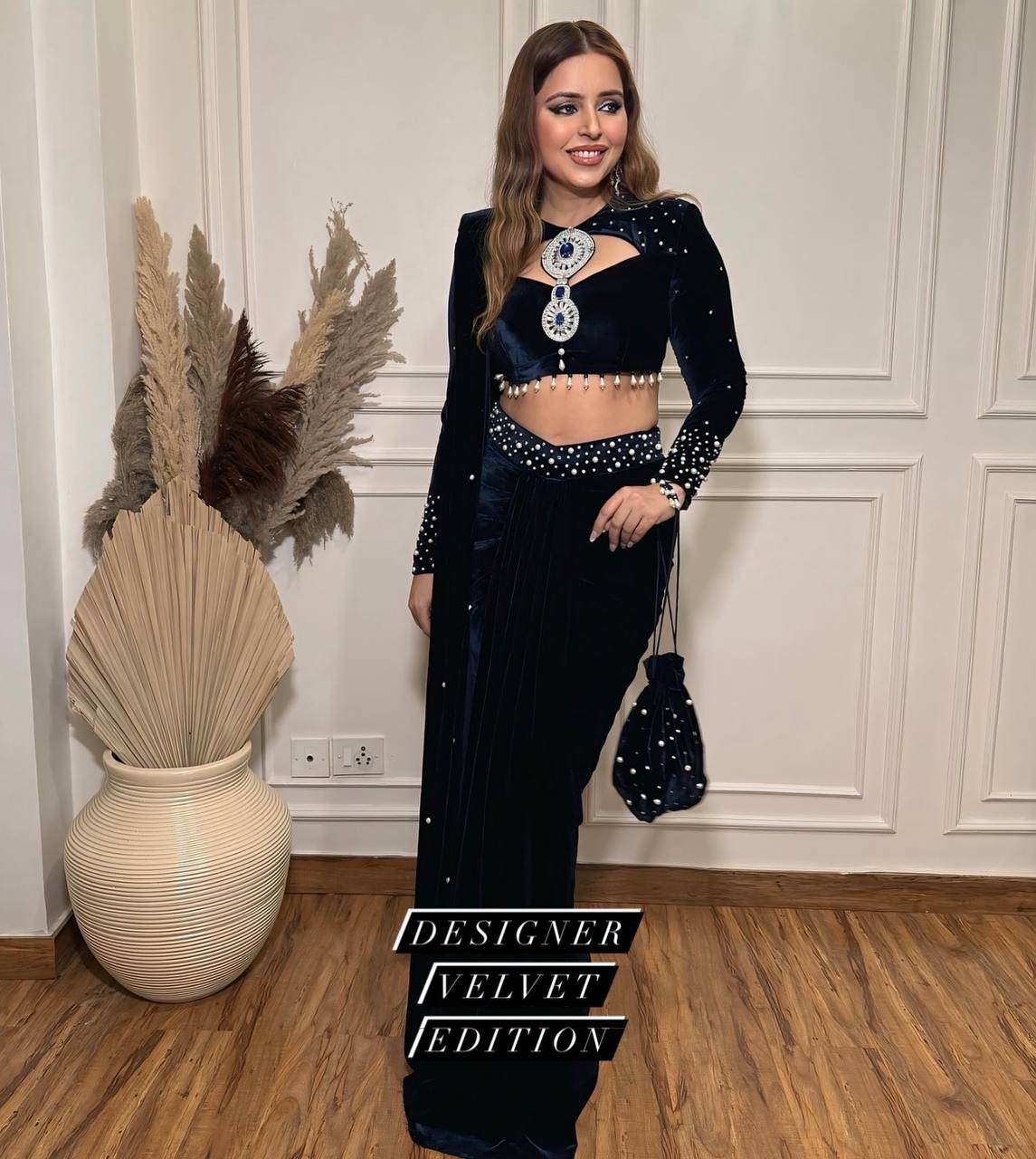 NEW NAVY BLUE COLOR READY TO WEAR INDO-WESTERN SAREE WITH PEARL MOTI WORK,STITCHED BLOUSE & PURSE