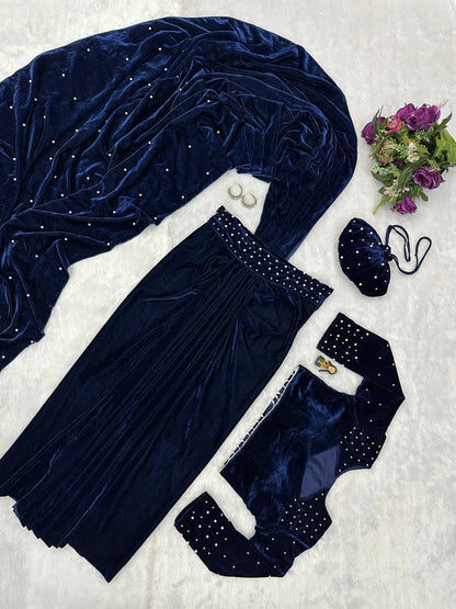 NEW NAVY BLUE COLOR READY TO WEAR INDO-WESTERN SAREE WITH PEARL MOTI WORK,STITCHED BLOUSE & PURSE