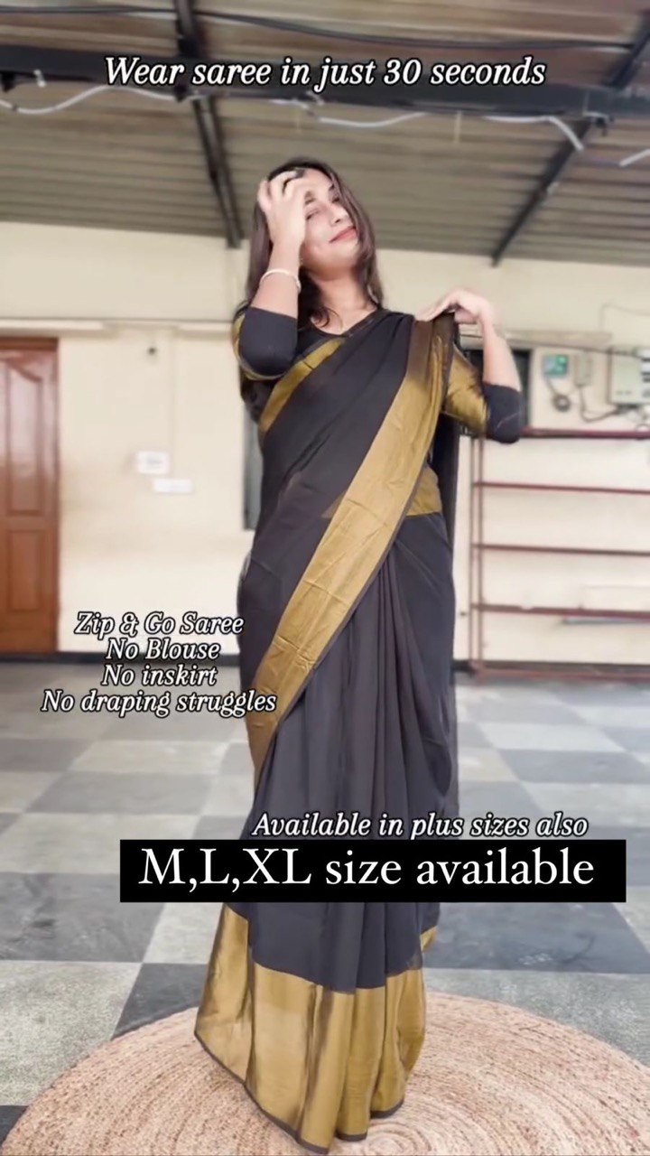NEW TRENDING BLACK COLOR CHINON ZARI PATTA FABRIC FULLY STITCHED ZIP & GO SAREE-GOWN