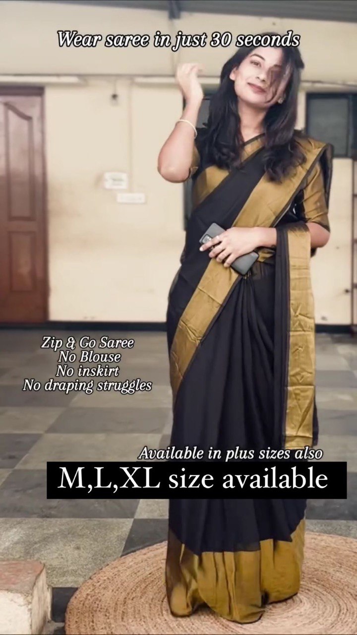 NEW TRENDING BLACK COLOR CHINON ZARI PATTA FABRIC FULLY STITCHED ZIP & GO SAREE-GOWN