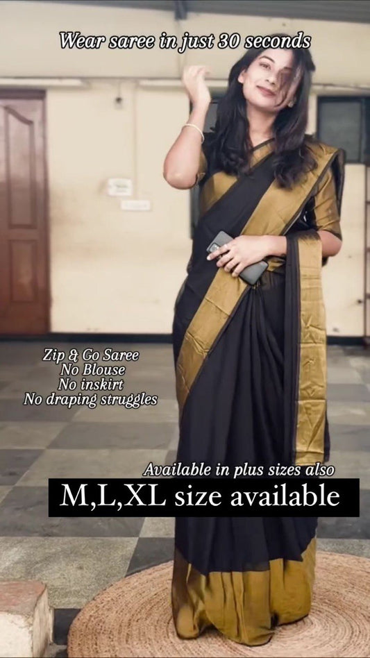 NEW TRENDING BLACK COLOR CHINON ZARI PATTA FABRIC FULLY STITCHED ZIP & GO SAREE-GOWN