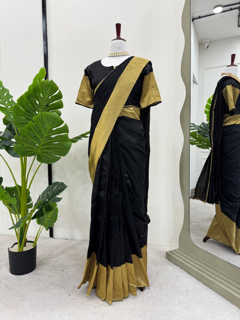 NEW TRENDING BLACK COLOR CHINON ZARI PATTA FABRIC FULLY STITCHED ZIP & GO SAREE-GOWN
