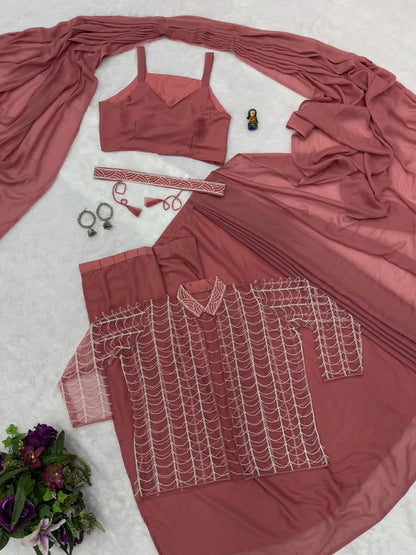 NEW TRENDING INDO-WESTERN PINK COLOR READY TO WEAR SAREE WITH FULLY CUT-DANA HAND WORK KOTI WITH STITCH BLOUSE