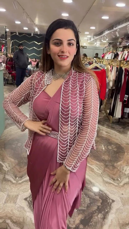 NEW TRENDING INDO-WESTERN PINK COLOR READY TO WEAR SAREE WITH FULLY CUT-DANA HAND WORK KOTI WITH STITCH BLOUSE
