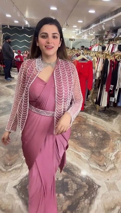 NEW TRENDING INDO-WESTERN PINK COLOR READY TO WEAR SAREE WITH FULLY CUT-DANA HAND WORK KOTI WITH STITCH BLOUSE