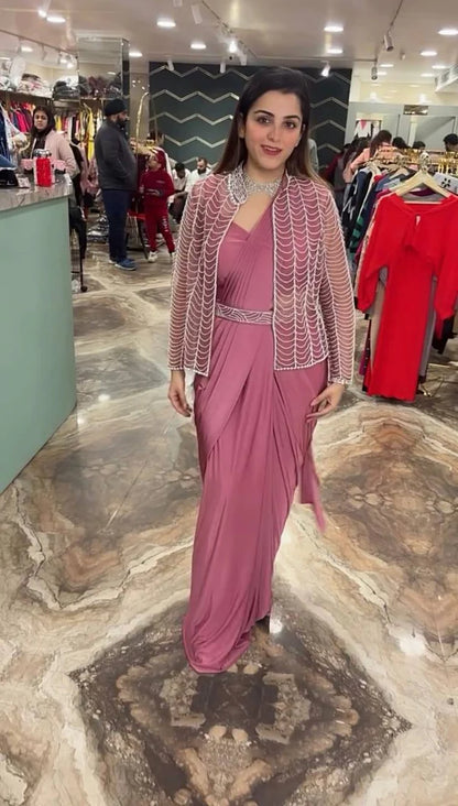 NEW TRENDING INDO-WESTERN PINK COLOR READY TO WEAR SAREE WITH FULLY CUT-DANA HAND WORK KOTI WITH STITCH BLOUSE
