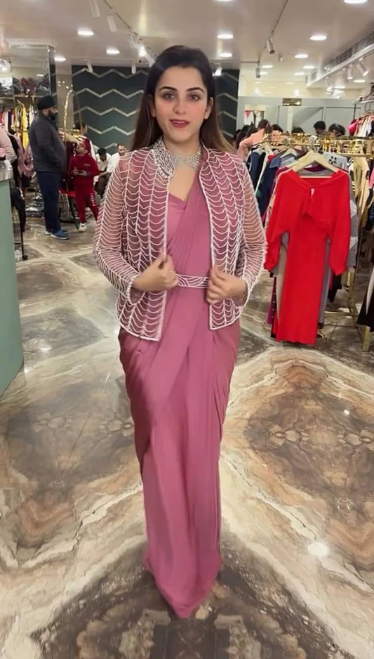 NEW TRENDING INDO-WESTERN PINK COLOR READY TO WEAR SAREE WITH FULLY CUT-DANA HAND WORK KOTI WITH STITCH BLOUSE