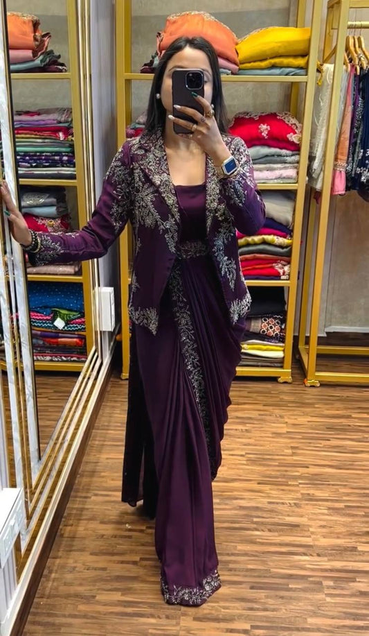 TRENDING PURPLE COLOR INDO-WESTERN READY TO WEAR SAREE WITH EMBROIDERED KOTI WITH STITCH BLOUSE & BELT