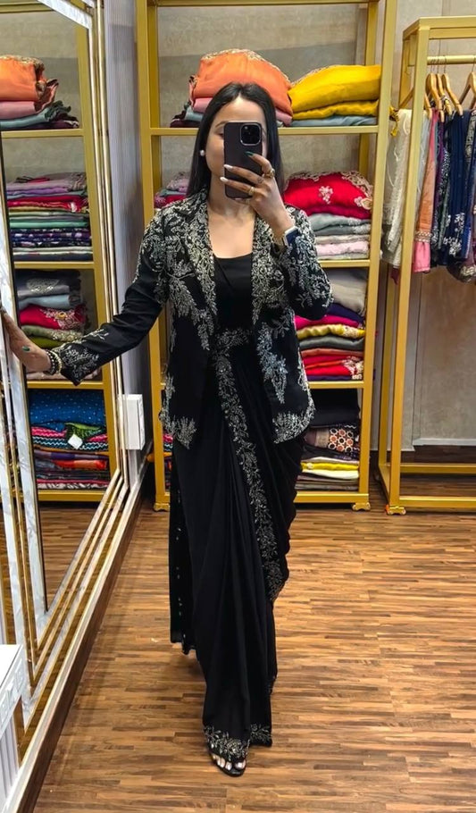 TRENDING BLACK COLOR INDO-WESTERN READY TO WEAR SAREE WITH EMBROIDERED KOTI WITH STITCH BLOUSE & BELT