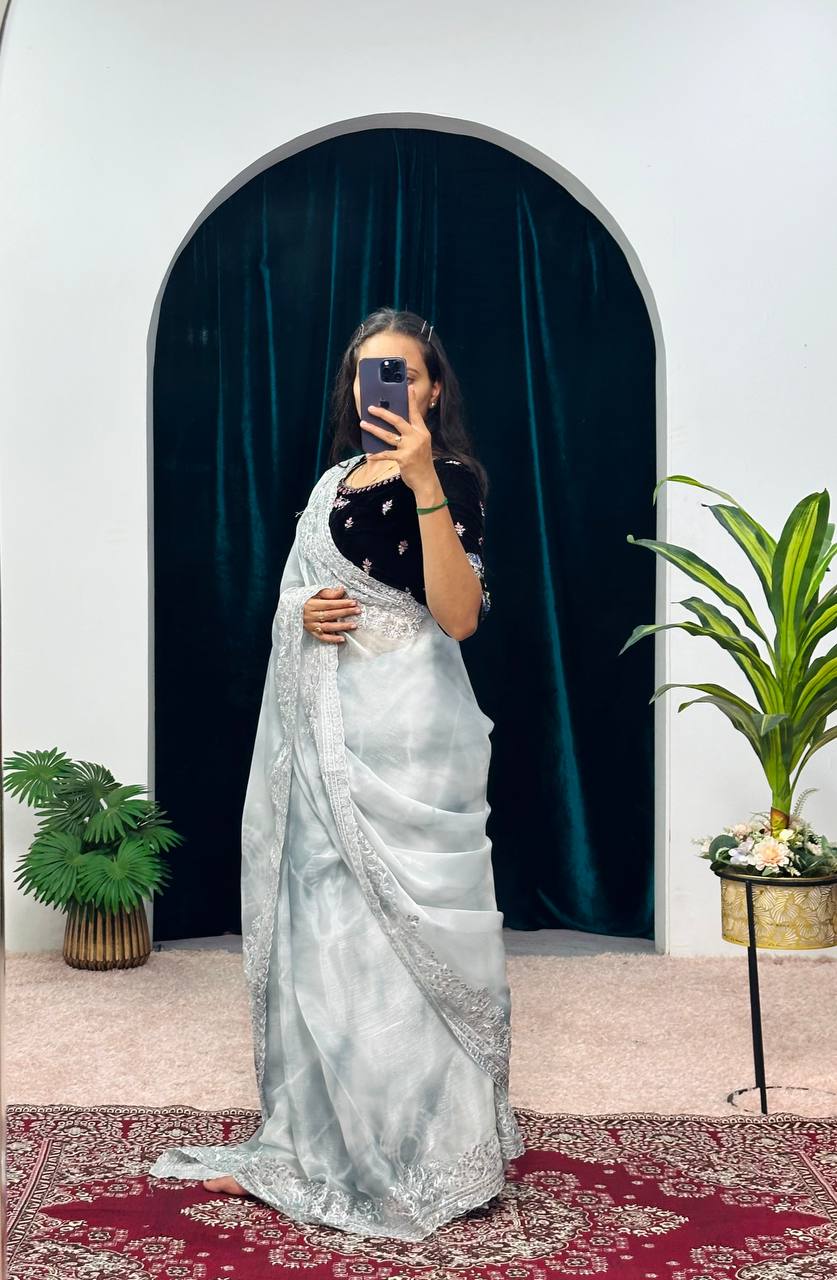 NEW SILVER COLOR BURBARY JIMMY CHOO FABRIC EMBROIDERED WORK SAREE WITH ZARI,SEQUINS AND CUT WORK