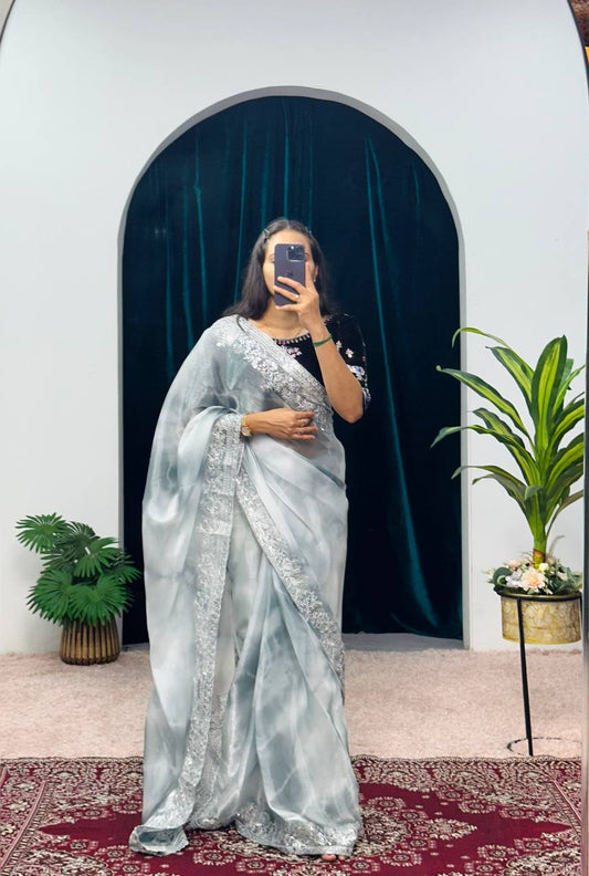 NEW SILVER COLOR BURBARY JIMMY CHOO FABRIC EMBROIDERED WORK SAREE WITH ZARI,SEQUINS AND CUT WORK