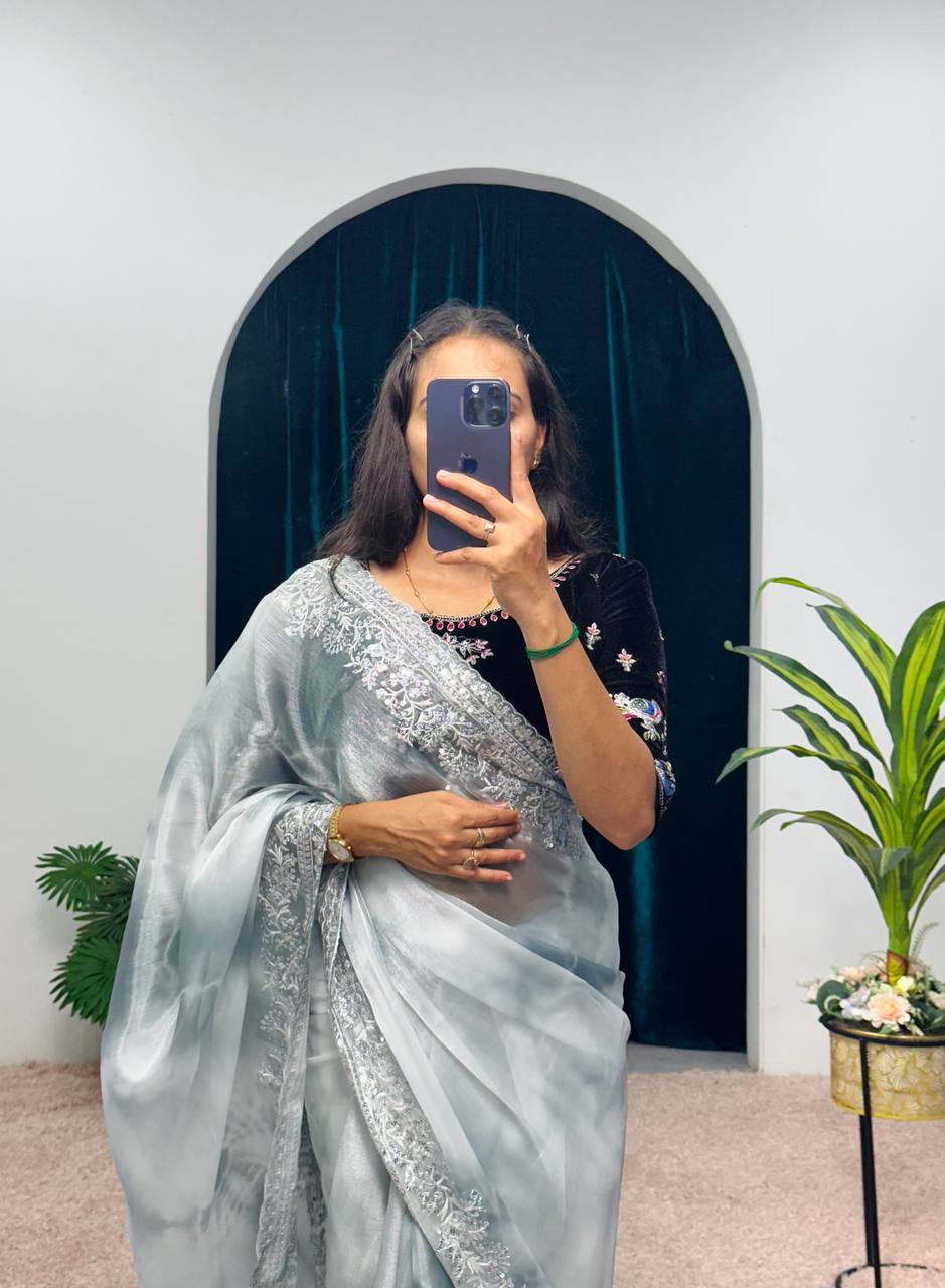 NEW SILVER COLOR BURBARY JIMMY CHOO FABRIC EMBROIDERED WORK SAREE WITH ZARI,SEQUINS AND CUT WORK