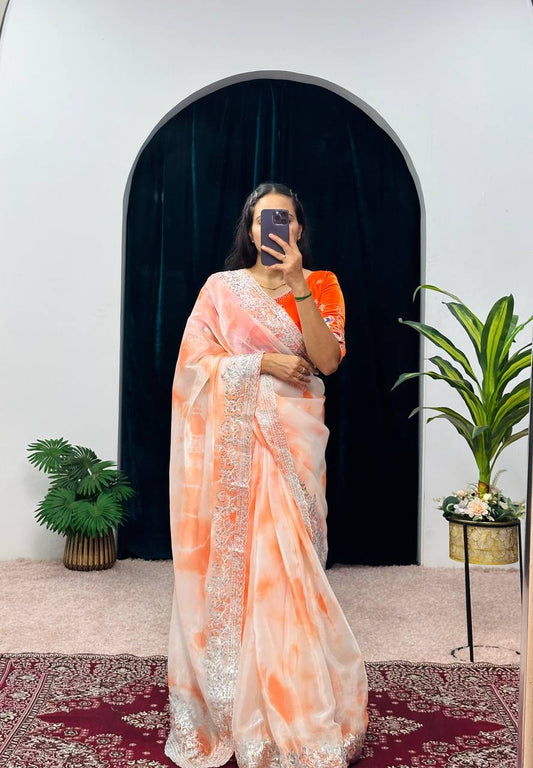 NEW ORANGE COLOR BURBARY JIMMY CHOO FABRIC EMBROIDERED WORK SAREE WITH ZARI,SEQUINS AND CUT WORK