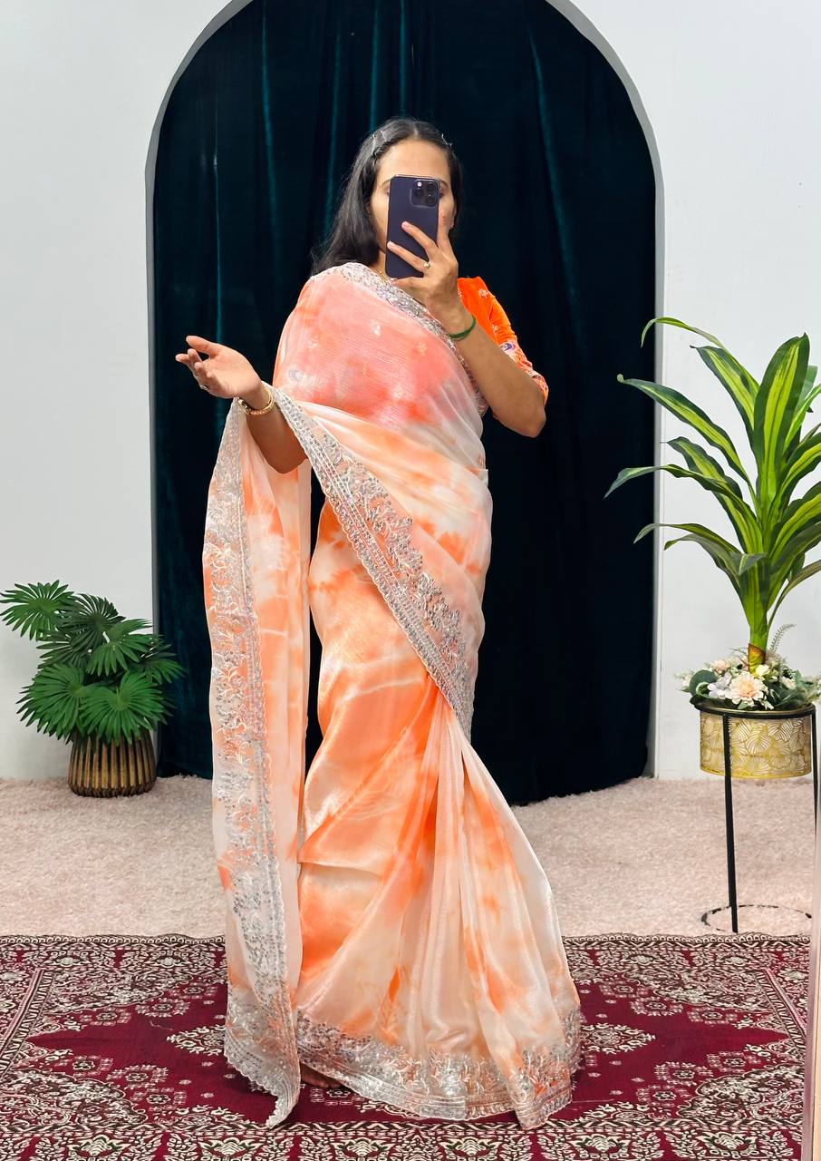 NEW ORANGE COLOR BURBARY JIMMY CHOO FABRIC EMBROIDERED WORK SAREE WITH ZARI,SEQUINS AND CUT WORK