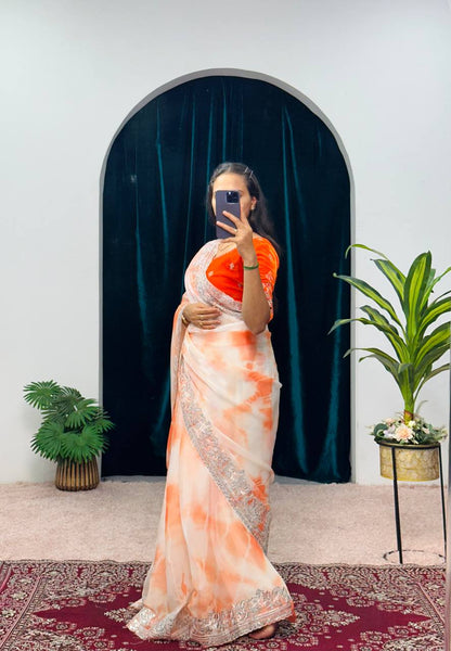 NEW ORANGE COLOR BURBARY JIMMY CHOO FABRIC EMBROIDERED WORK SAREE WITH ZARI,SEQUINS AND CUT WORK