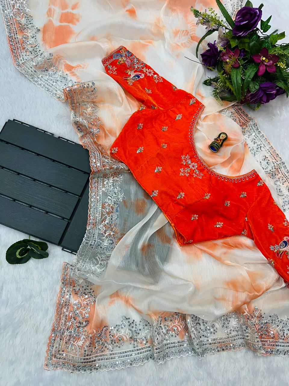 NEW ORANGE COLOR BURBARY JIMMY CHOO FABRIC EMBROIDERED WORK SAREE WITH ZARI,SEQUINS AND CUT WORK