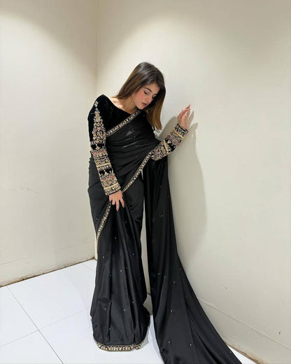 New Black Color Party Wear Heavy Moti Work Pure Velvet Saree