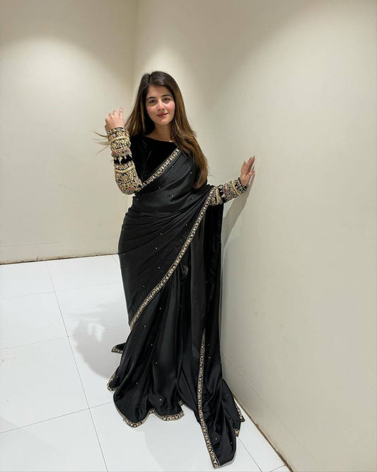 New Black Color Party Wear Heavy Moti Work Pure Velvet Saree
