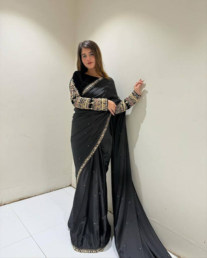 New Black Color Party Wear Heavy Moti Work Pure Velvet Saree