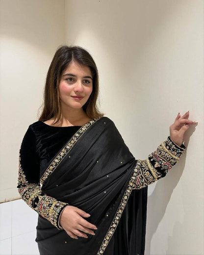 New Black Color Party Wear Heavy Moti Work Pure Velvet Saree