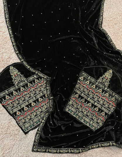 New Black Color Party Wear Heavy Moti Work Pure Velvet Saree